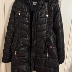 Nicole Miller Black Quilted Long Puffer Coat with Faux Fur Hood